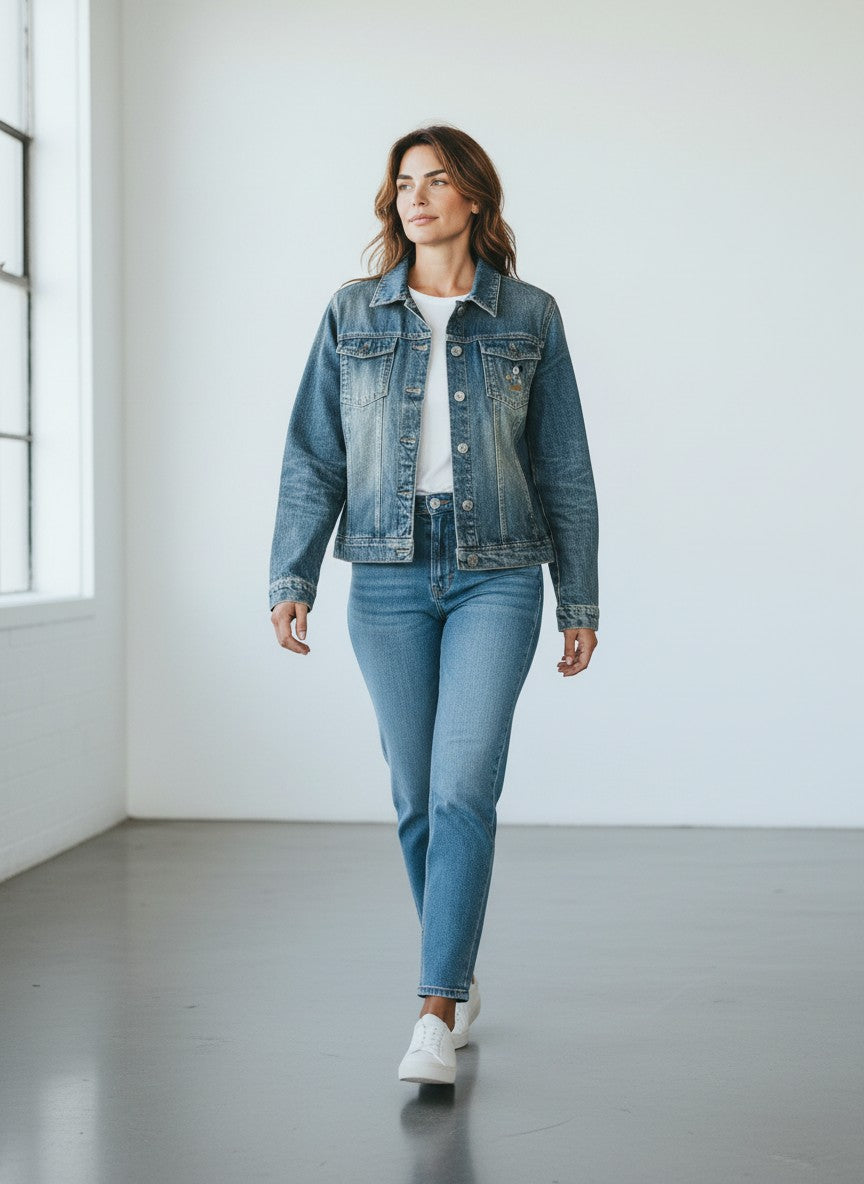 BERLIN VINTAGE CORNER blue washed denim jacket with embroidered Mickey Mouse motif, button-down front, chest pockets, and classic trucker silhouette.