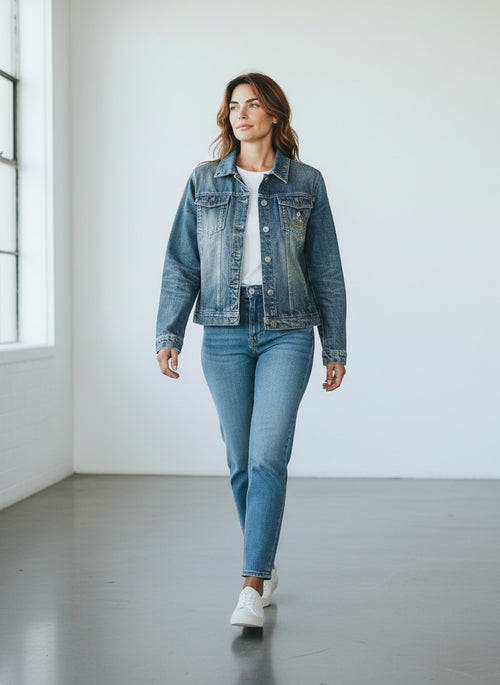 BERLIN VINTAGE CORNER blue washed denim jacket with embroidered Mickey Mouse motif, button-down front, chest pockets, and classic trucker silhouette.