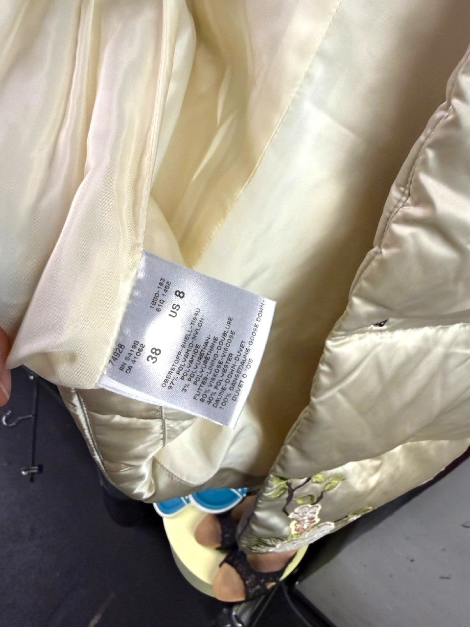 BERLIN VINTAGE CORNER champagne satin puffer vest with floral embroidery and interior size 8 care label detail