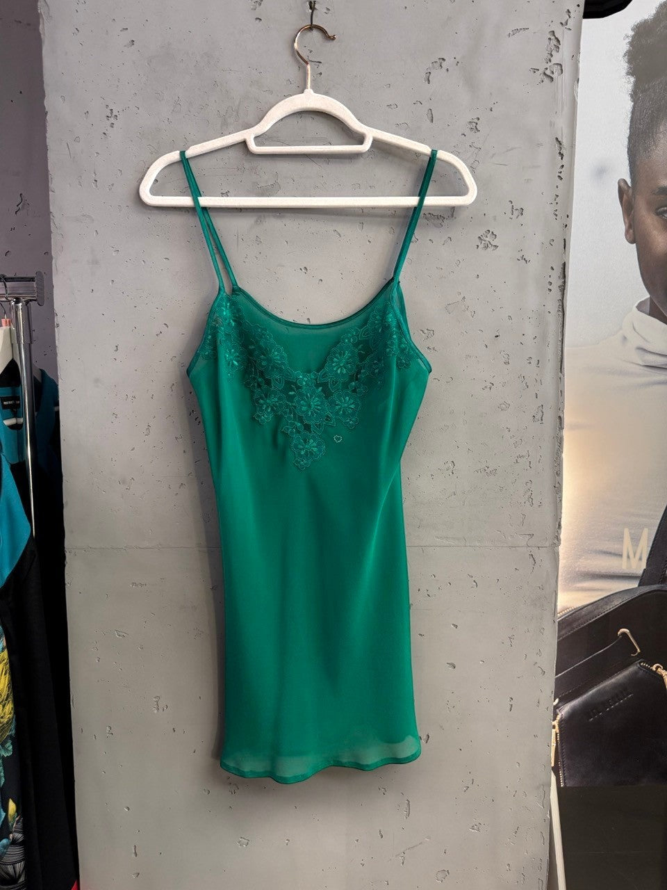 BERLIN VINTAGE CORNER emerald green sheer camisole slip dress with floral lace neckline and spaghetti straps