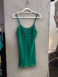 BERLIN VINTAGE CORNER emerald green sheer camisole slip dress with floral lace neckline and spaghetti straps