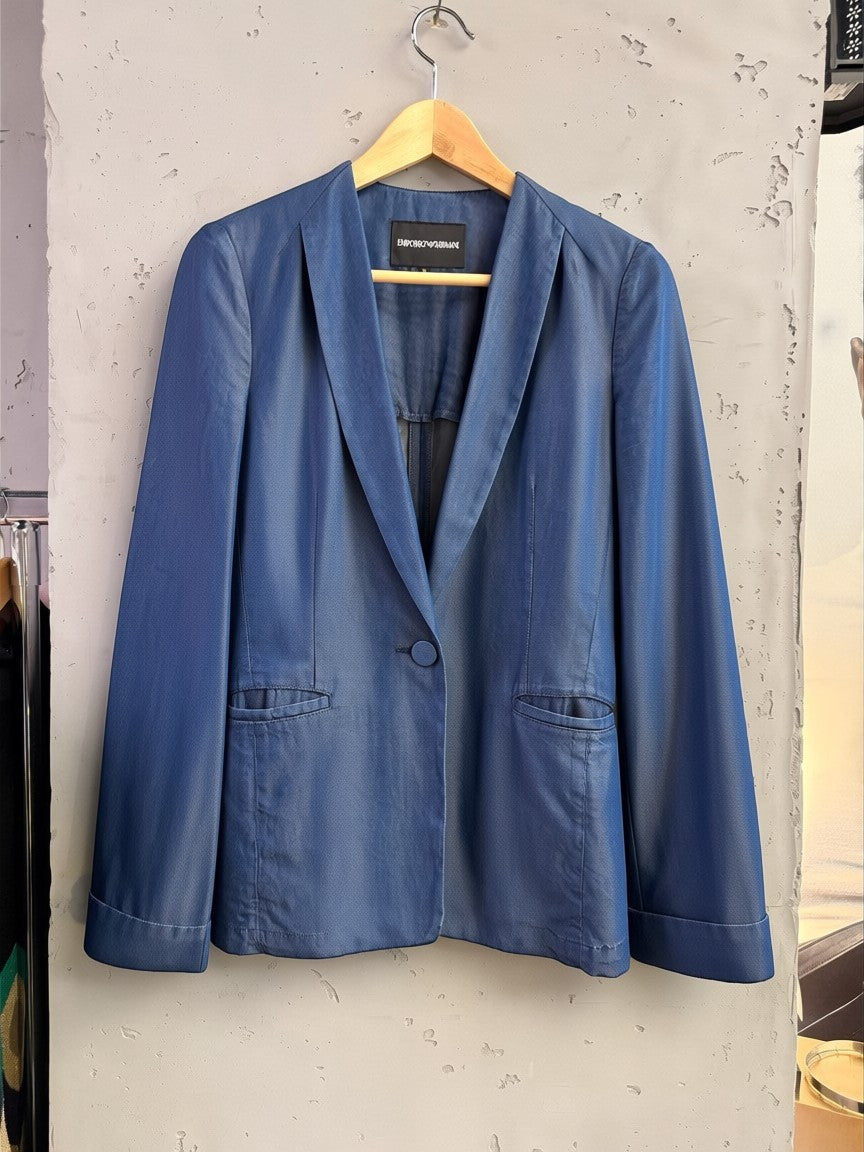 BERLIN VINTAGE CORNER Emporio Armani blue denim blazer jacket with notched lapel and single button closure.