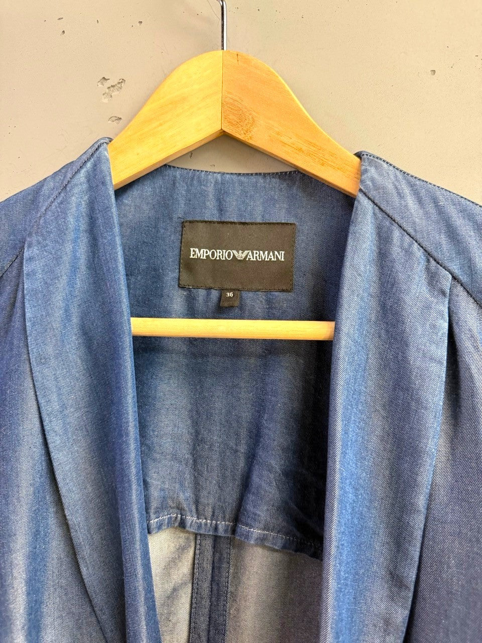 BERLIN VINTAGE CORNER Emporio Armani blue denim unlined blazer jacket with notched lapel.