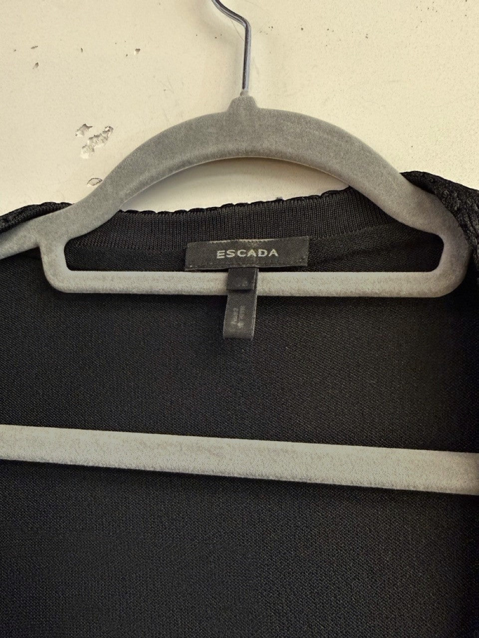 BERLIN VINTAGE CORNER black fine knit Escada cardigan with braided neckline detail and velvet trim.