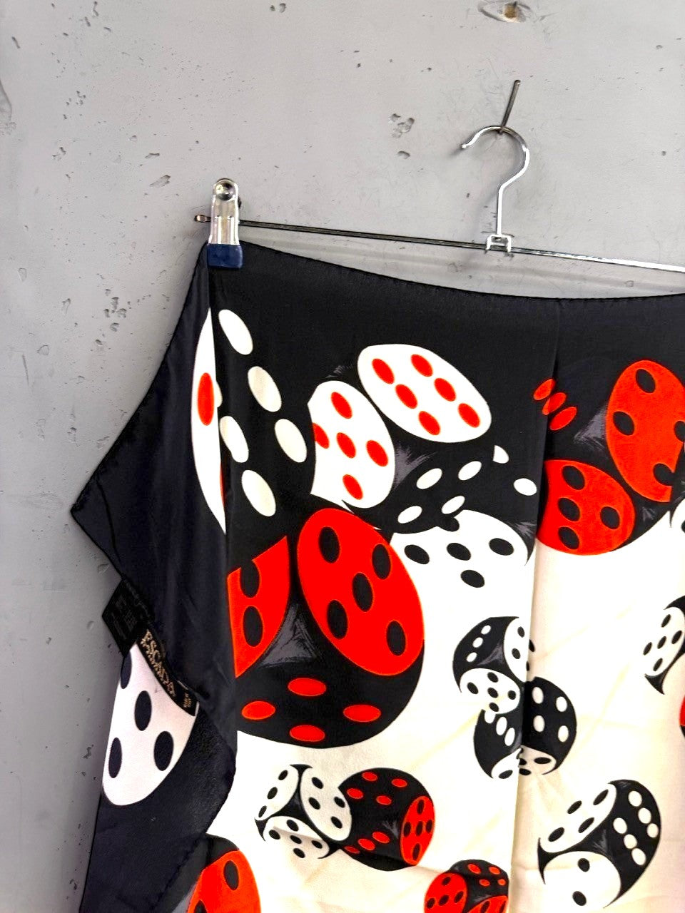 BERLIN VINTAGE CORNER ESCADA by Margaretha Ley vintage silk scarf with a black, white, and red dice print pattern.