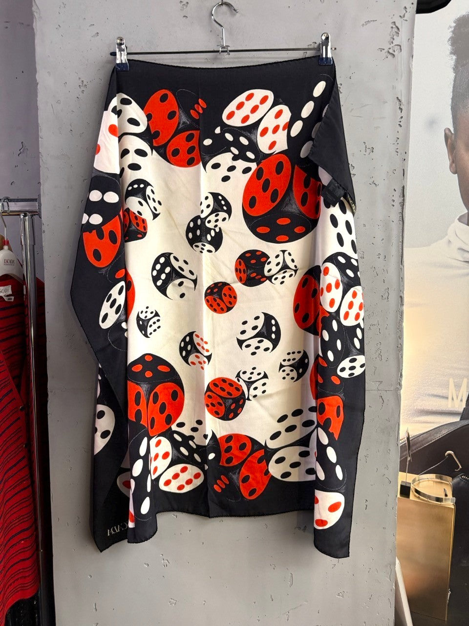 BERLIN VINTAGE CORNER vintage ESCADA by Margaretha Ley silk scarf with black, white, and red dice print pattern.