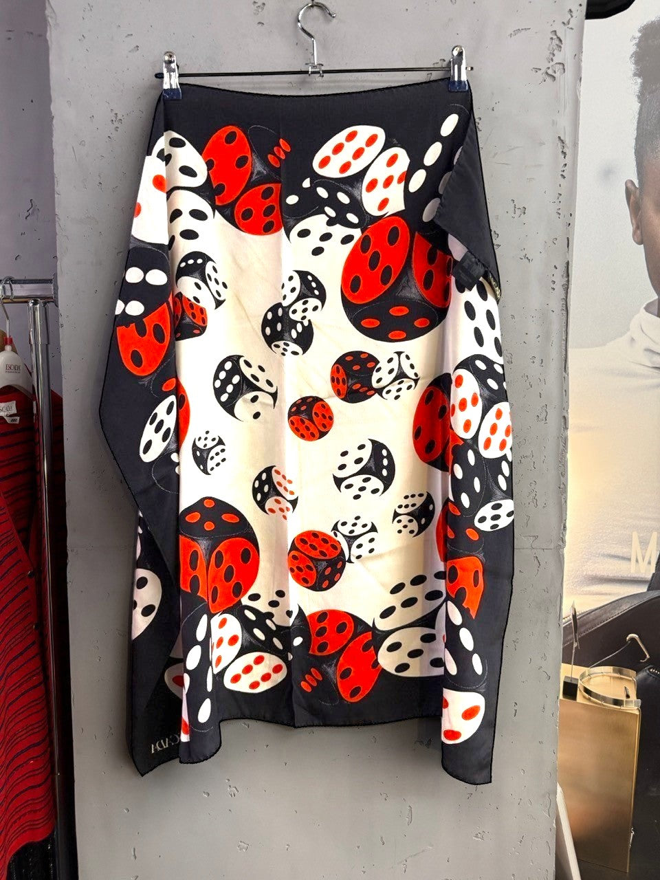 BERLIN VINTAGE CORNER vintage ESCADA by Margaretha Ley silk scarf with black, white, and red dice print pattern.