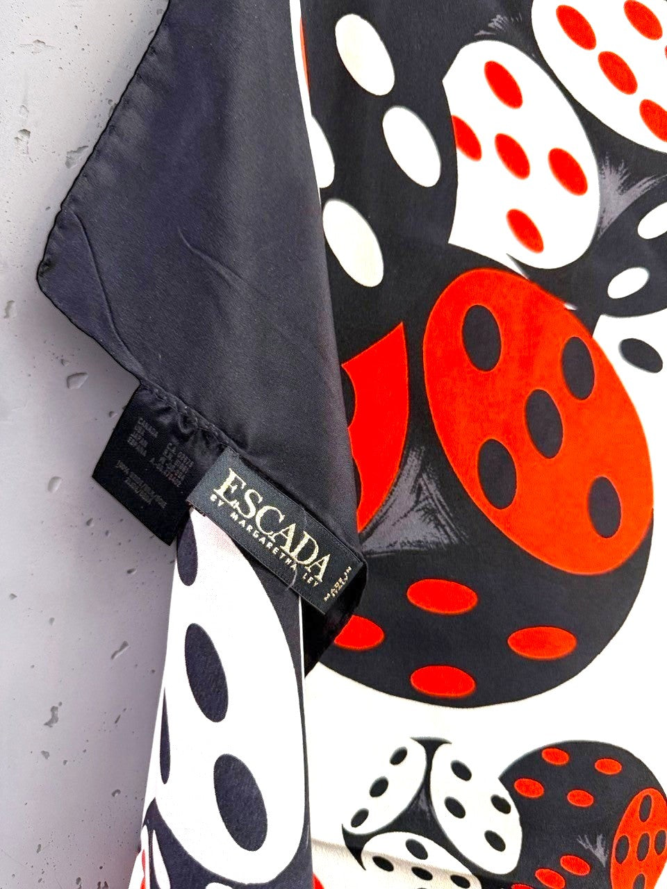 BERLIN VINTAGE CORNER vintage ESCADA by Margaretha Ley silk scarf with a bold black, white, and red dice print.