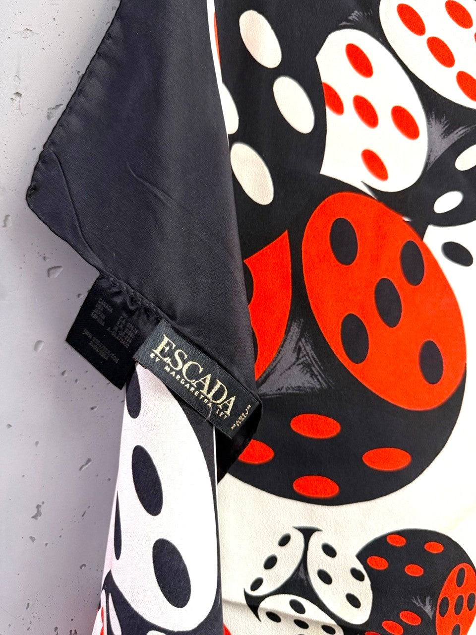 BERLIN VINTAGE CORNER vintage ESCADA by Margaretha Ley silk scarf with a bold black, white, and red dice print.