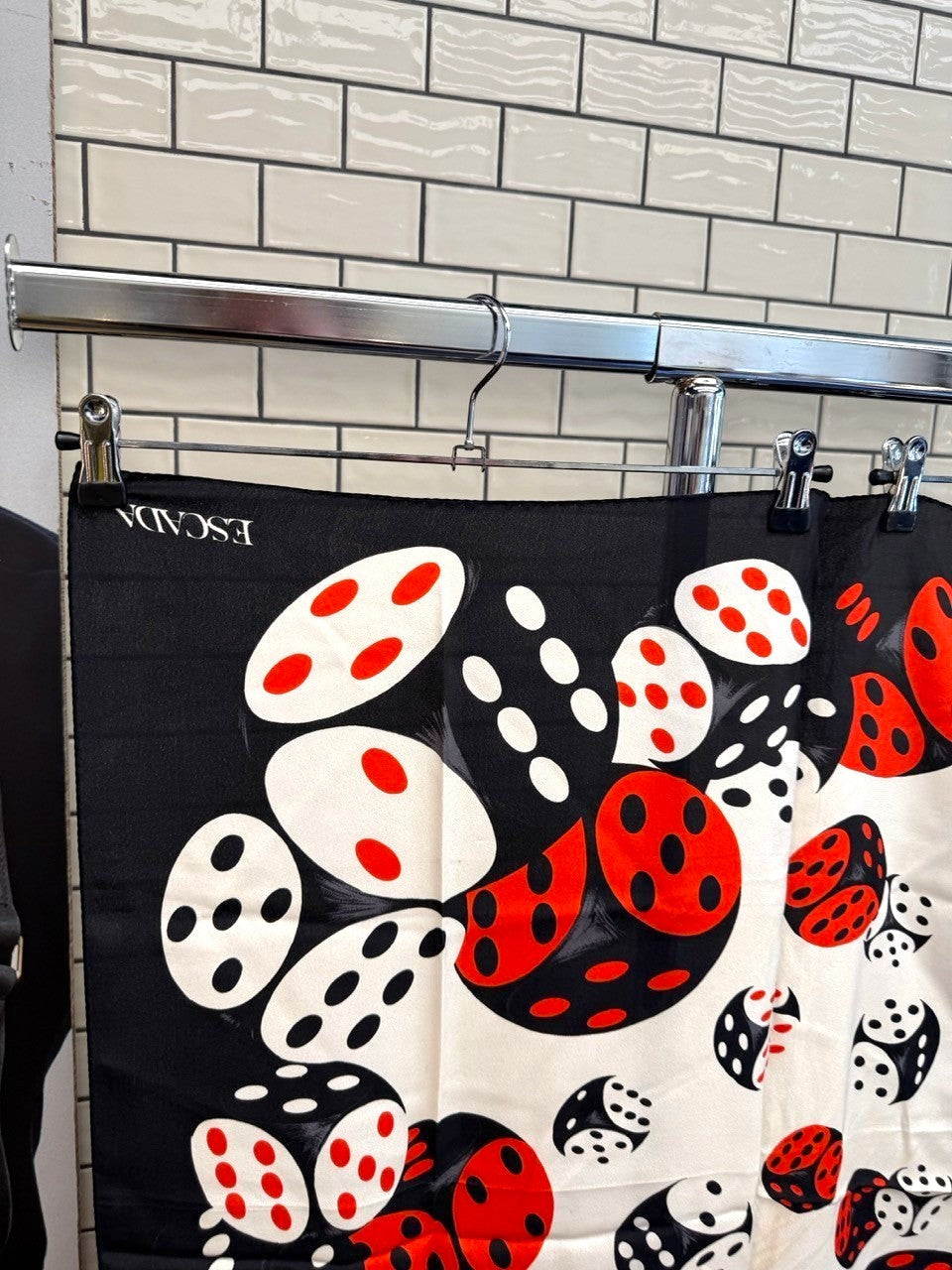 BERLIN VINTAGE CORNER ESCADA by Margaretha Ley silk scarf featuring a black, white, and red dice print pattern.