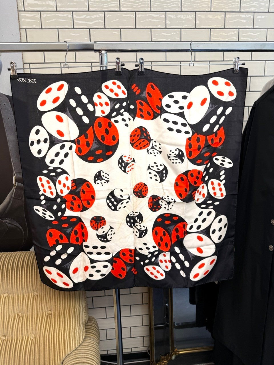BERLIN VINTAGE CORNER vintage ESCADA silk scarf featuring a bold black, white, and red dice print pattern.