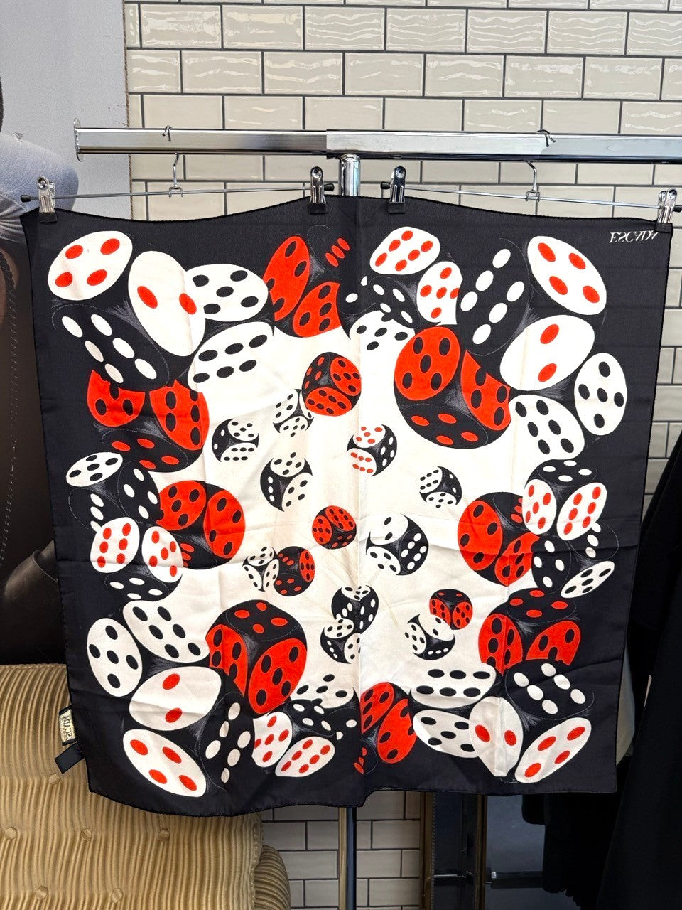 BERLIN VINTAGE CORNER ESCADA by Margaretha Ley vintage silk scarf featuring a black, white, and red dice print