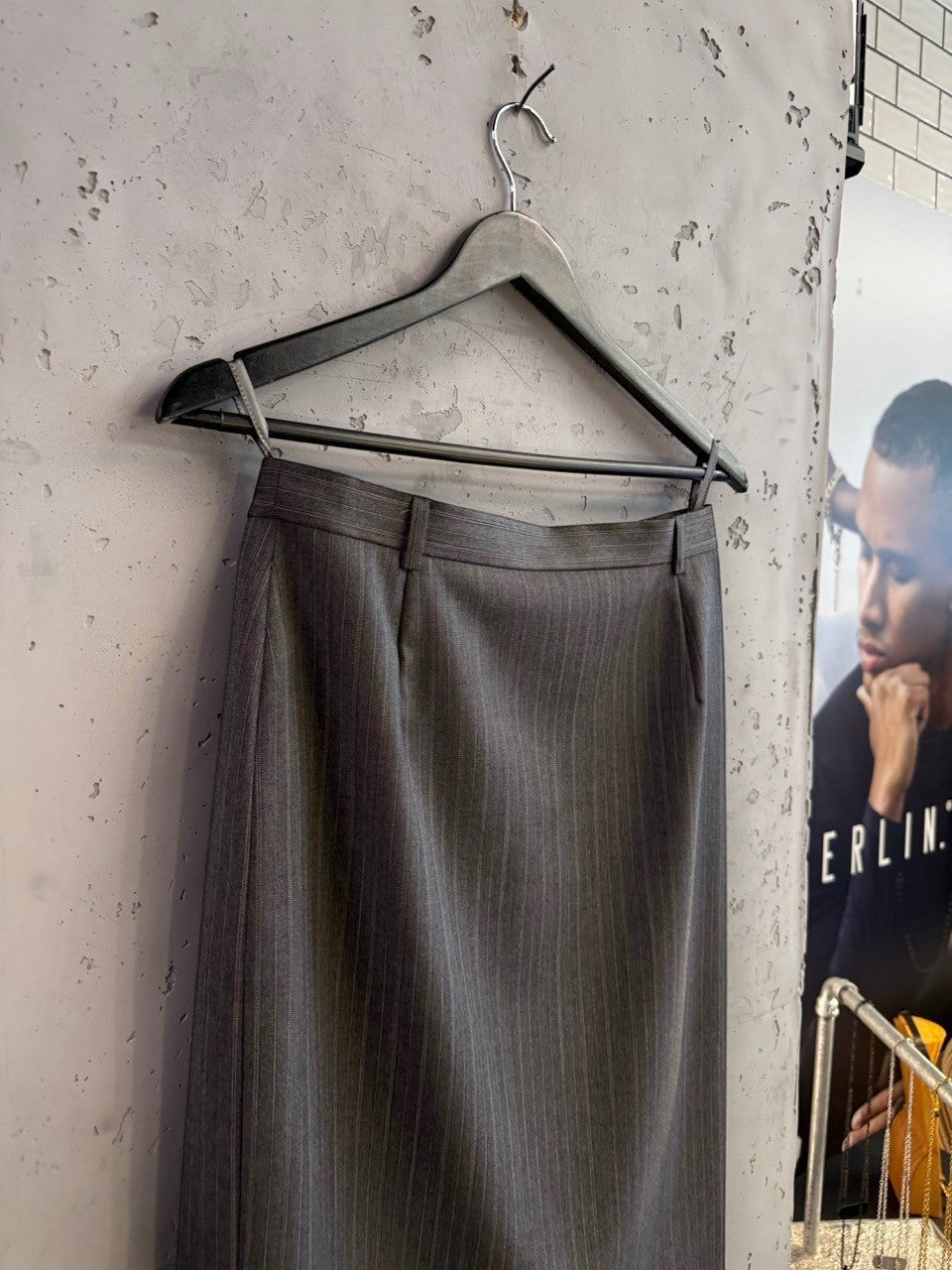 BERLIN VINTAGE CORNER Escada Margaretha Ley grey pinstripe wool skirt hanging on a black hanger