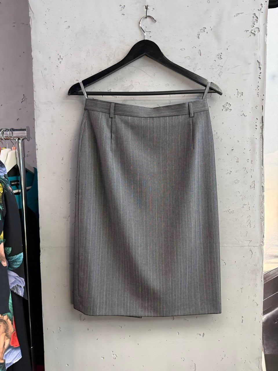 BERLIN VINTAGE CORNER Escada Margaretha Ley grey pinstripe wool tailored skirt hanging on a black hanger