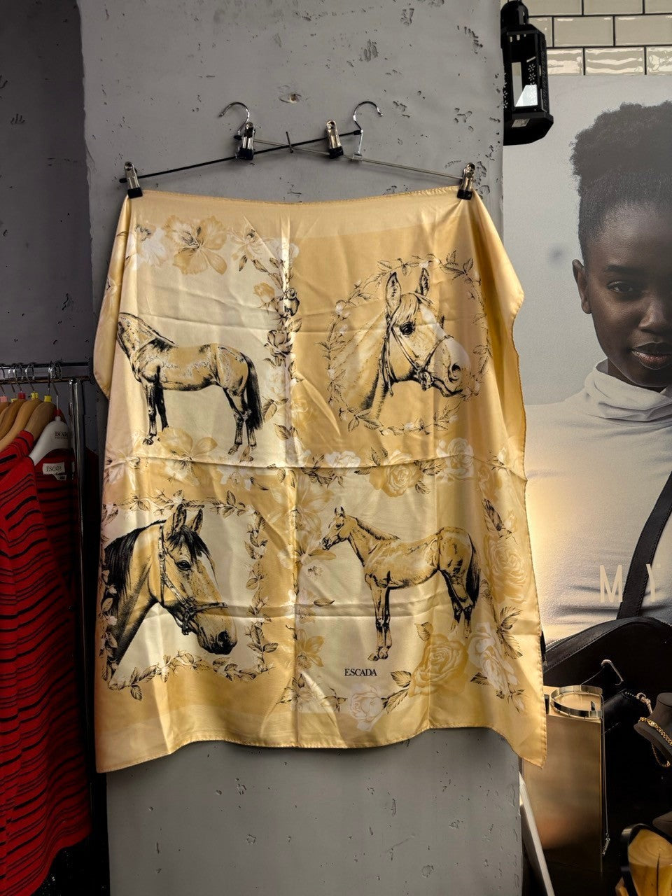 BERLIN VINTAGE CORNER Escada silk scarf in golden beige with equestrian horse and floral print design.