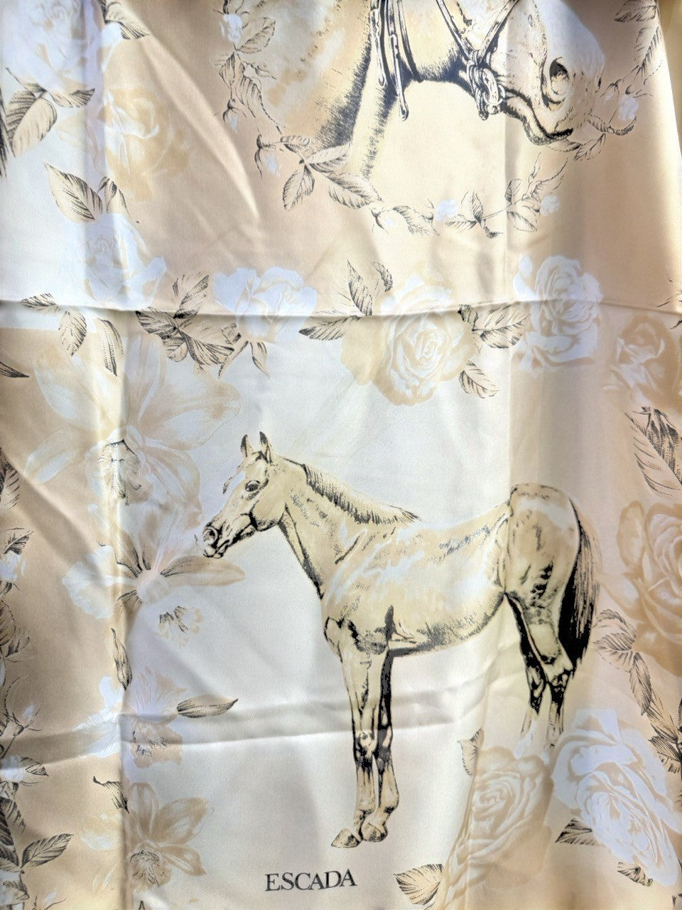 BERLIN VINTAGE CORNER Escada vintage silk scarf in golden beige with equestrian horse and floral rose print.