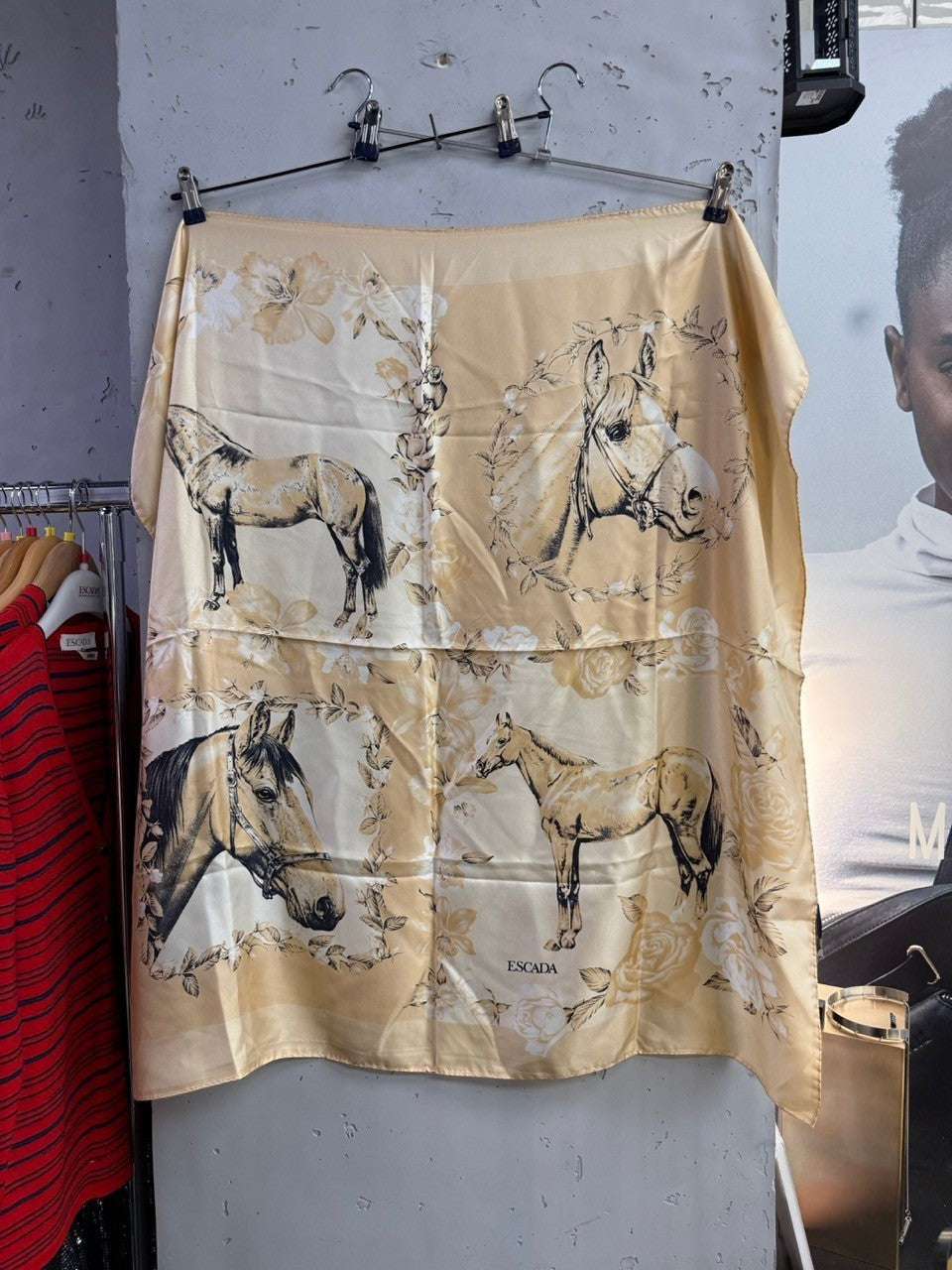 BERLIN VINTAGE CORNER Escada silk scarf in golden beige with equestrian horse and floral rose print.