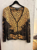BERLIN VINTAGE CORNER Escada knit cardigan in black and gold with leopard print and abstract pattern, V-neck button-up.