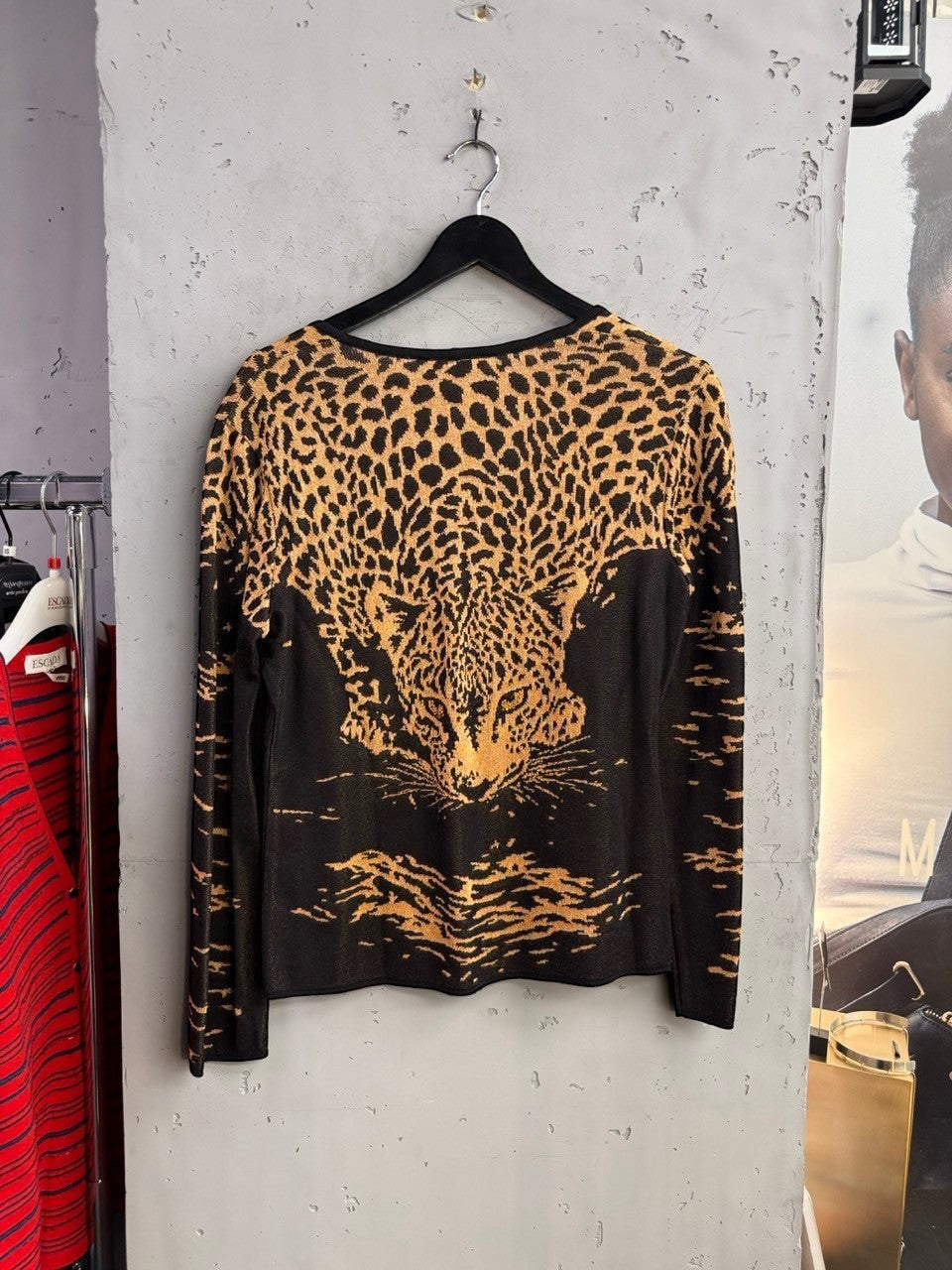 BERLIN VINTAGE CORNER ESCADA black and gold leopard print knit cardigan with a detailed animal face design.