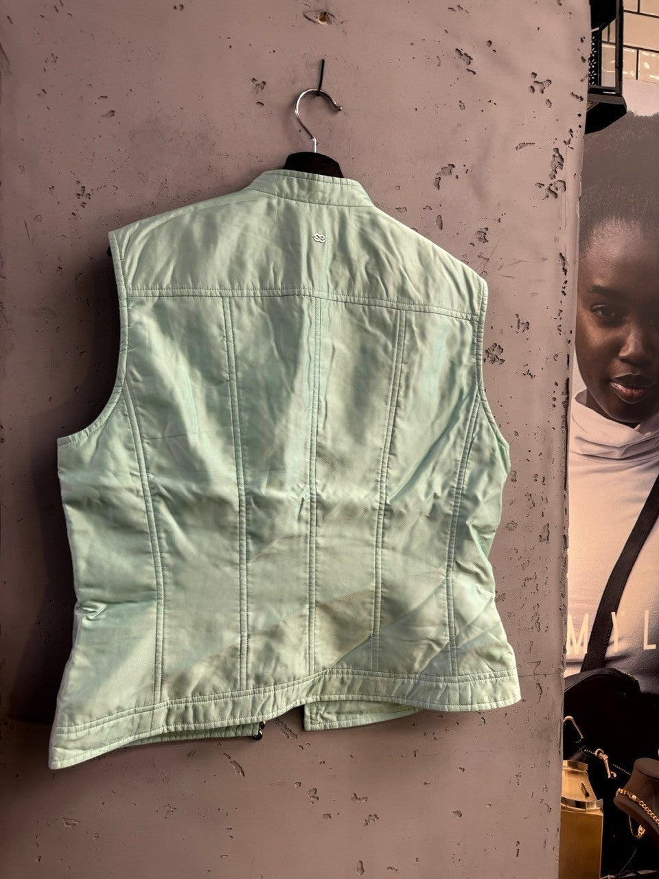BERLIN VINTAGE CORNER Escada mint green sleeveless zip-up vest with stand-up collar and panel detailing.