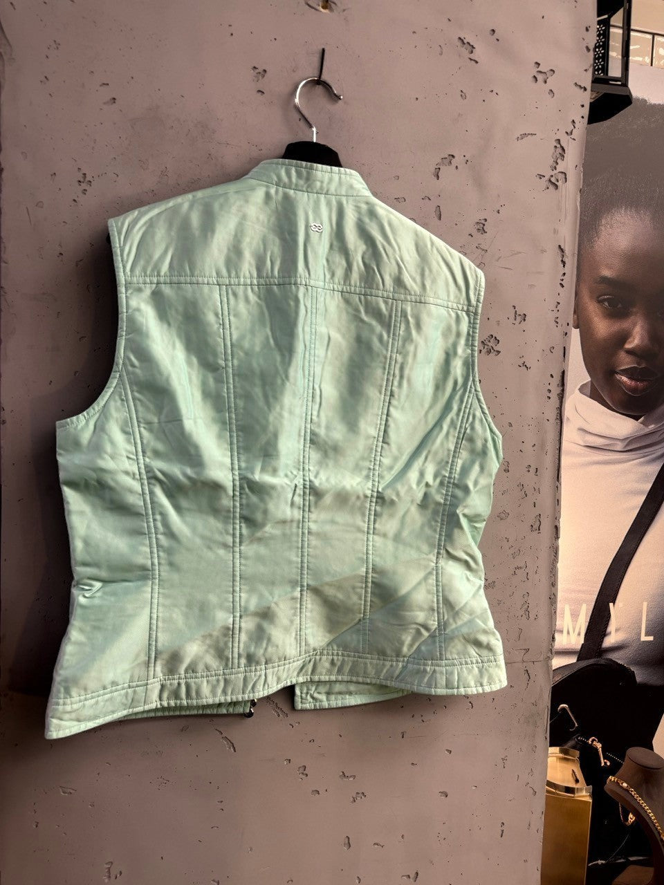 BERLIN VINTAGE CORNER mint green Escada sleeveless zip-up vest with panel detailing and stand-up collar.
