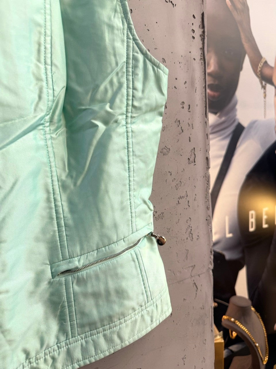 BERLIN VINTAGE CORNER mint green Escada sleeveless zip-up vest with paneling and side zipper pocket