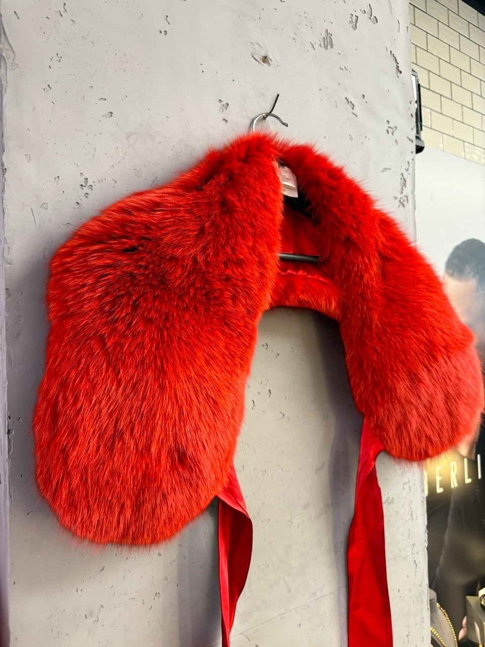 BERLIN VINTAGE CORNER Escada red shadow fox fur collar with silk ribbon ties for formal evening wear.