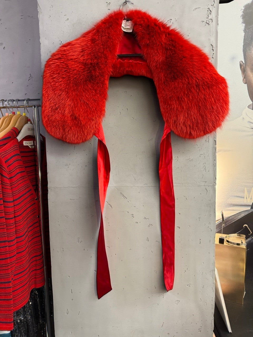 BERLIN VINTAGE CORNER Escada red shadow fox fur collar with long silk ribbon ties for elegant evening wear.