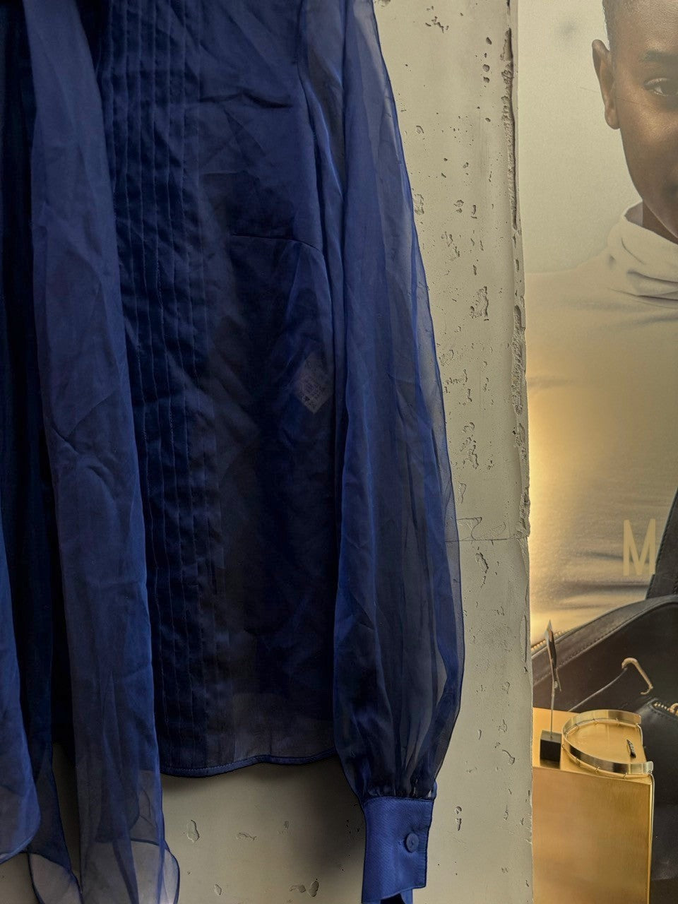 BERLIN VINTAGE CORNER royal blue sheer long sleeve blouse with pintuck pleats and tie-neck detail.