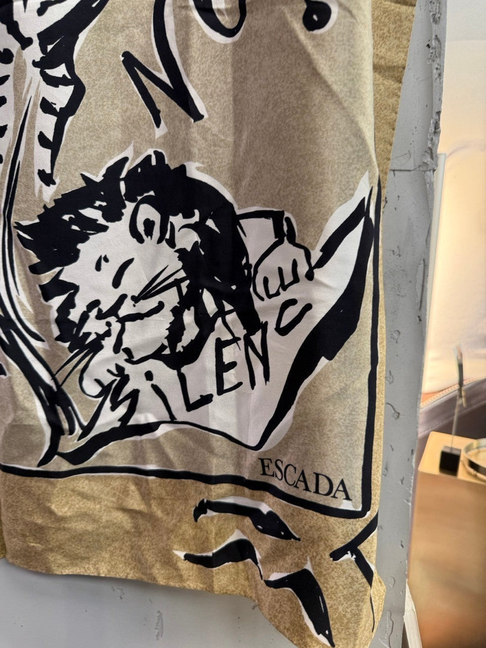 BERLIN VINTAGE CORNER ESCADA silk scarf in tan with black hand-drawn safari wildlife print and typography.