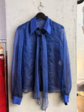 BERLIN VINTAGE CORNER royal blue sheer long sleeve blouse with tie-neck detail and front pintuck pleating.