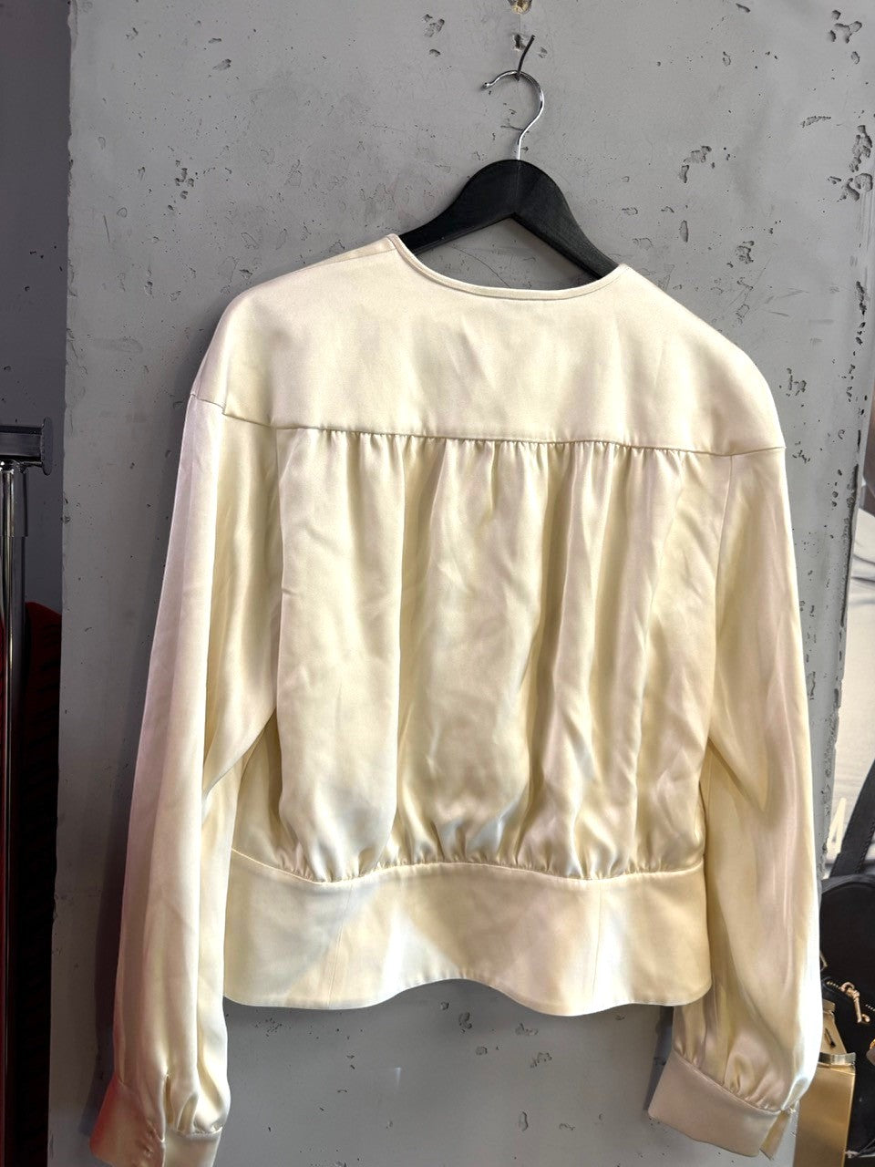 BERLIN VINTAGE CORNER cream Escada long sleeve silk blouse with gathered back detailing and structured cuffs.