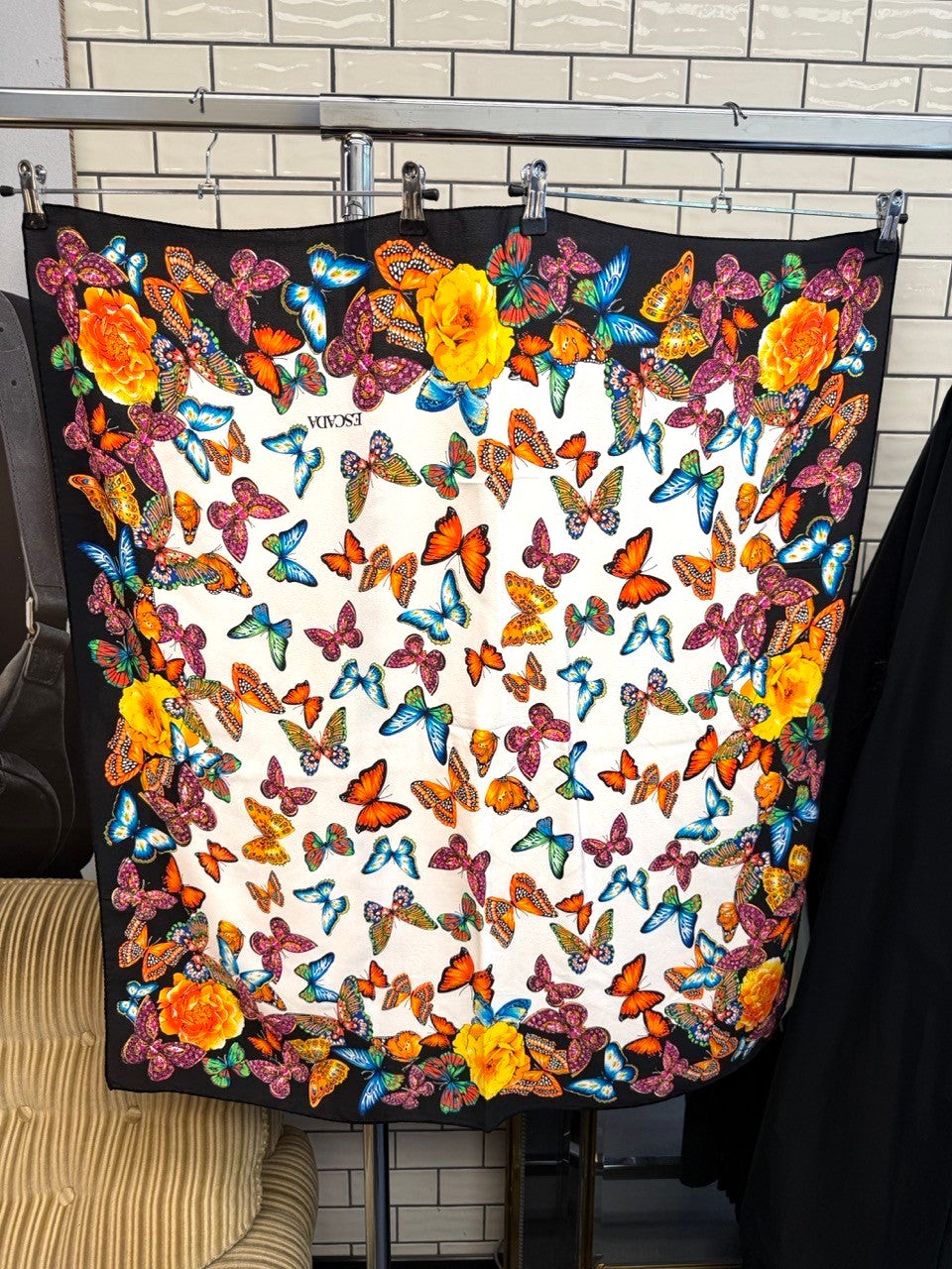 BERLIN VINTAGE CORNER ESCADA silk square scarf featuring a vibrant butterfly and yellow rose print with a black border.