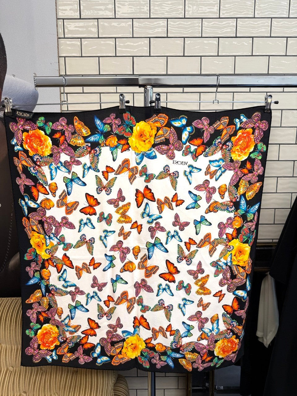 BERLIN VINTAGE CORNER ESCADA silk square scarf with vibrant butterfly and yellow rose print on a black border