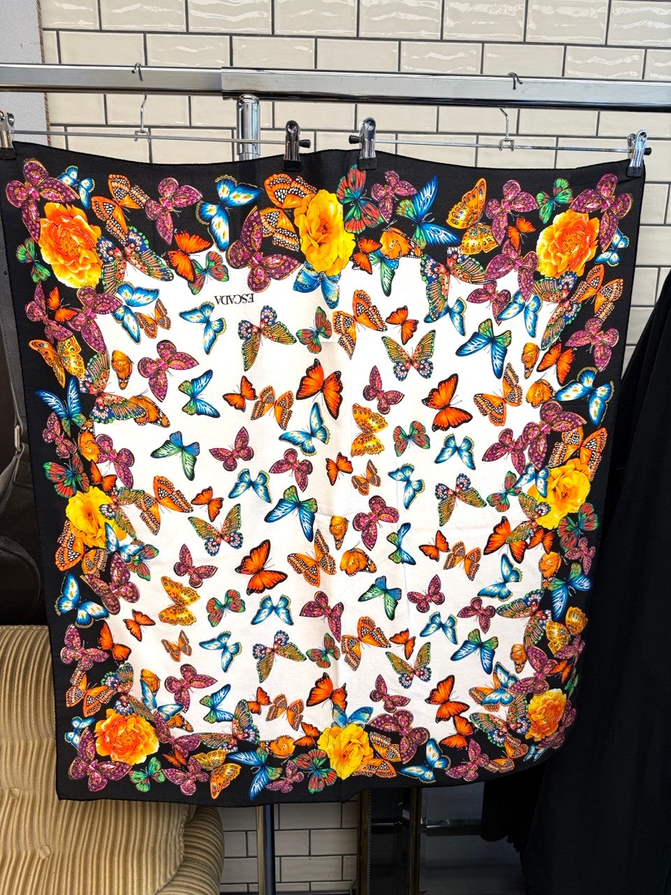 BERLIN VINTAGE CORNER Escada silk square scarf featuring a vibrant butterfly and yellow rose print with a black border.