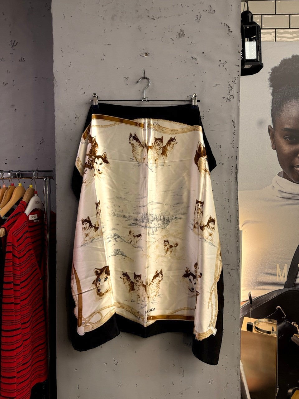 BERLIN VINTAGE CORNER Escada silk scarf featuring a winter husky dog landscape print with a black rope-motif border.