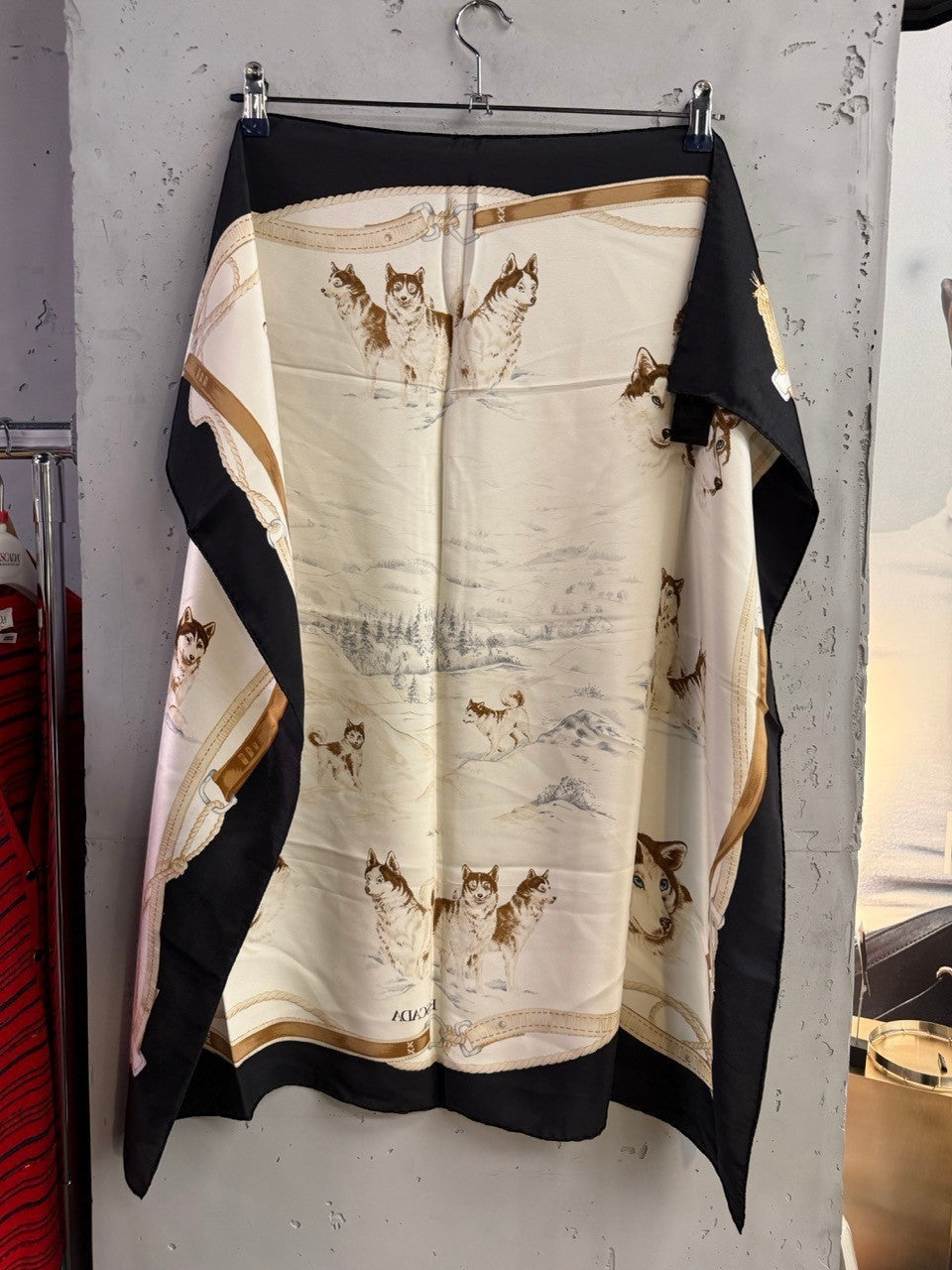 BERLIN VINTAGE CORNER Escada silk scarf featuring a winter landscape with husky dogs and a black rope-motif border.