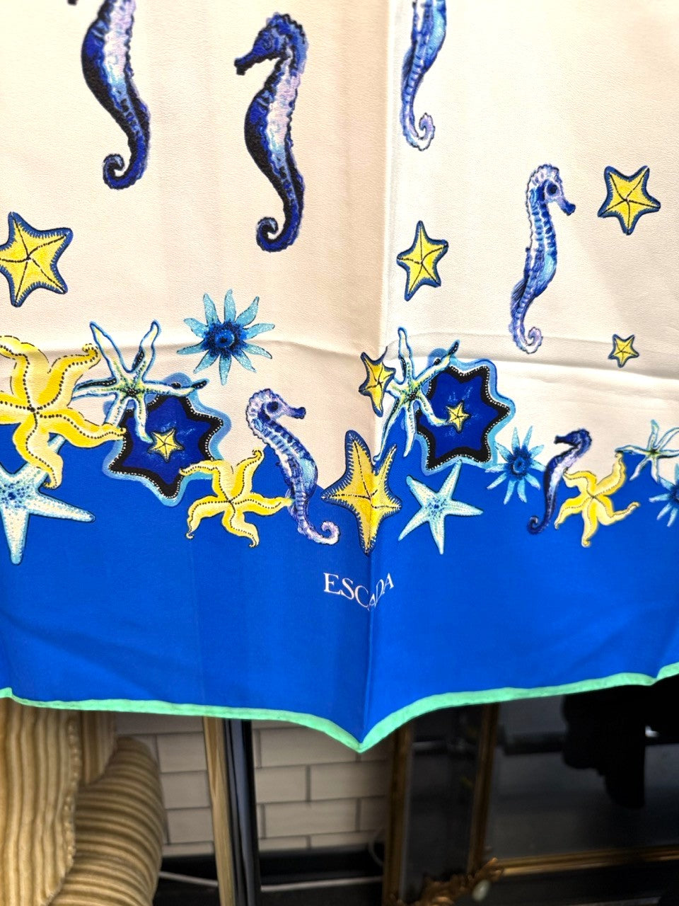 BERLIN VINTAGE CORNER Escada vintage silk square scarf featuring a nautical seahorse and starfish print on white and blue