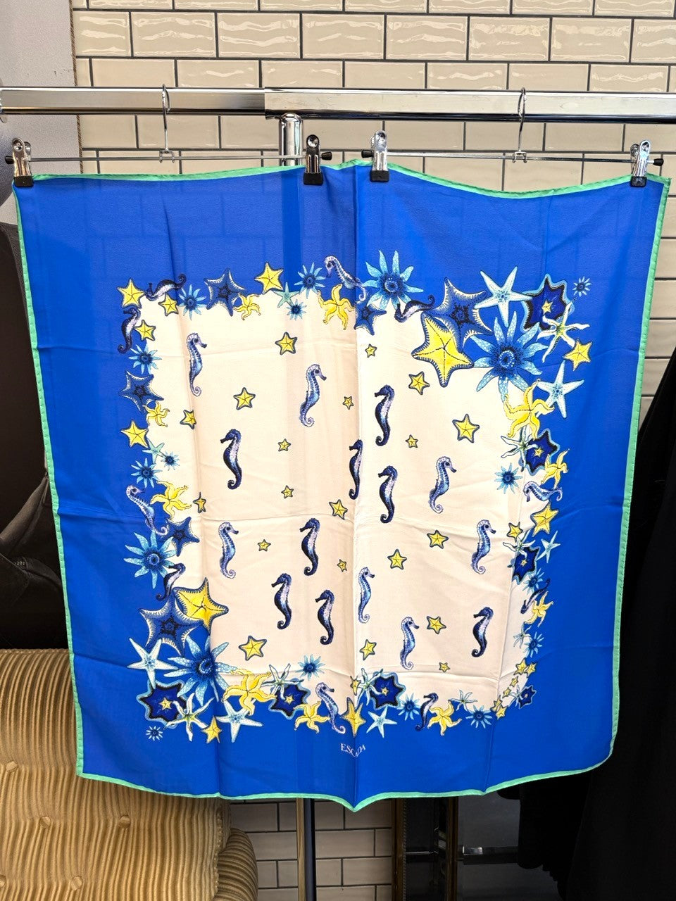 BERLIN VINTAGE CORNER Escada silk square scarf with nautical seahorse and starfish print in blue, white, and mint.