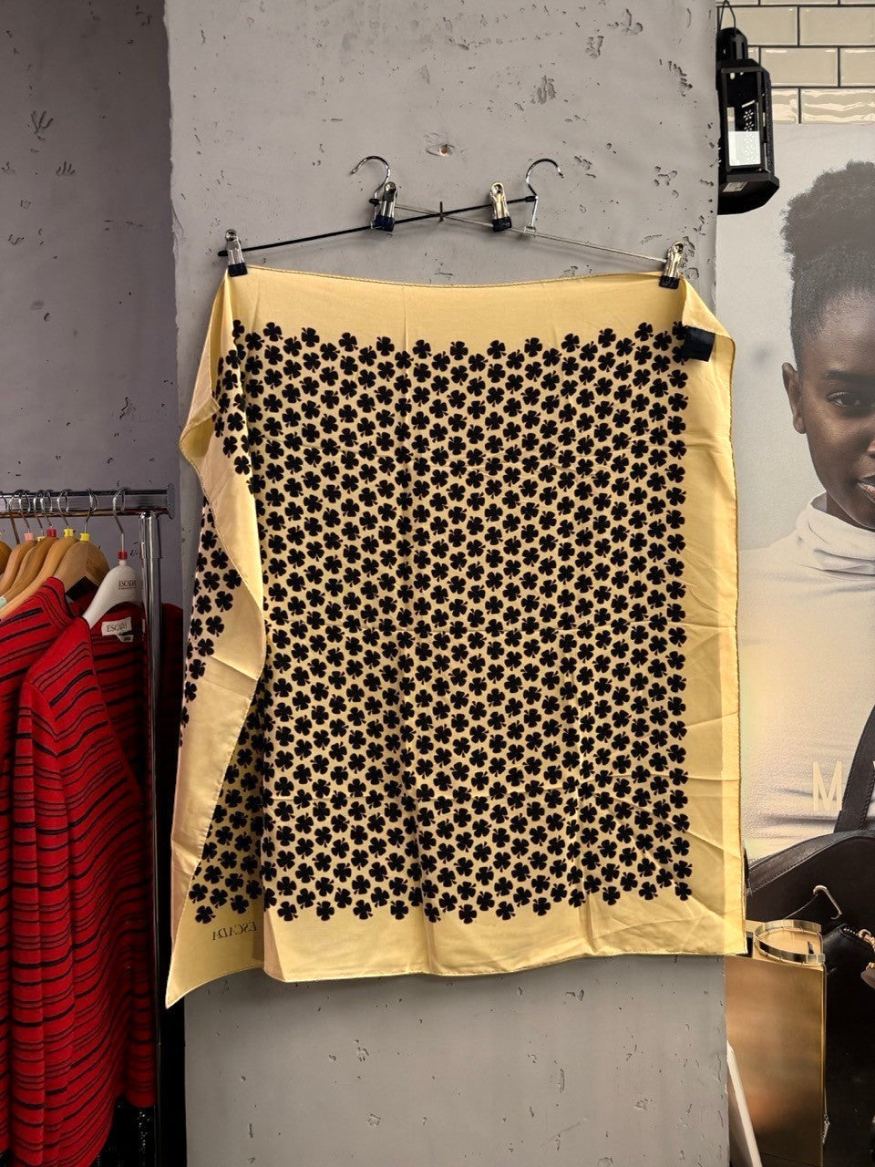 BERLIN VINTAGE CORNER Escada square silk scarf in cream with a repeating black clover print.