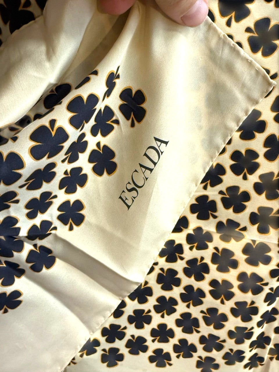BERLIN VINTAGE CORNER Escada silk square scarf in cream with a black clover print and designer logo detail.