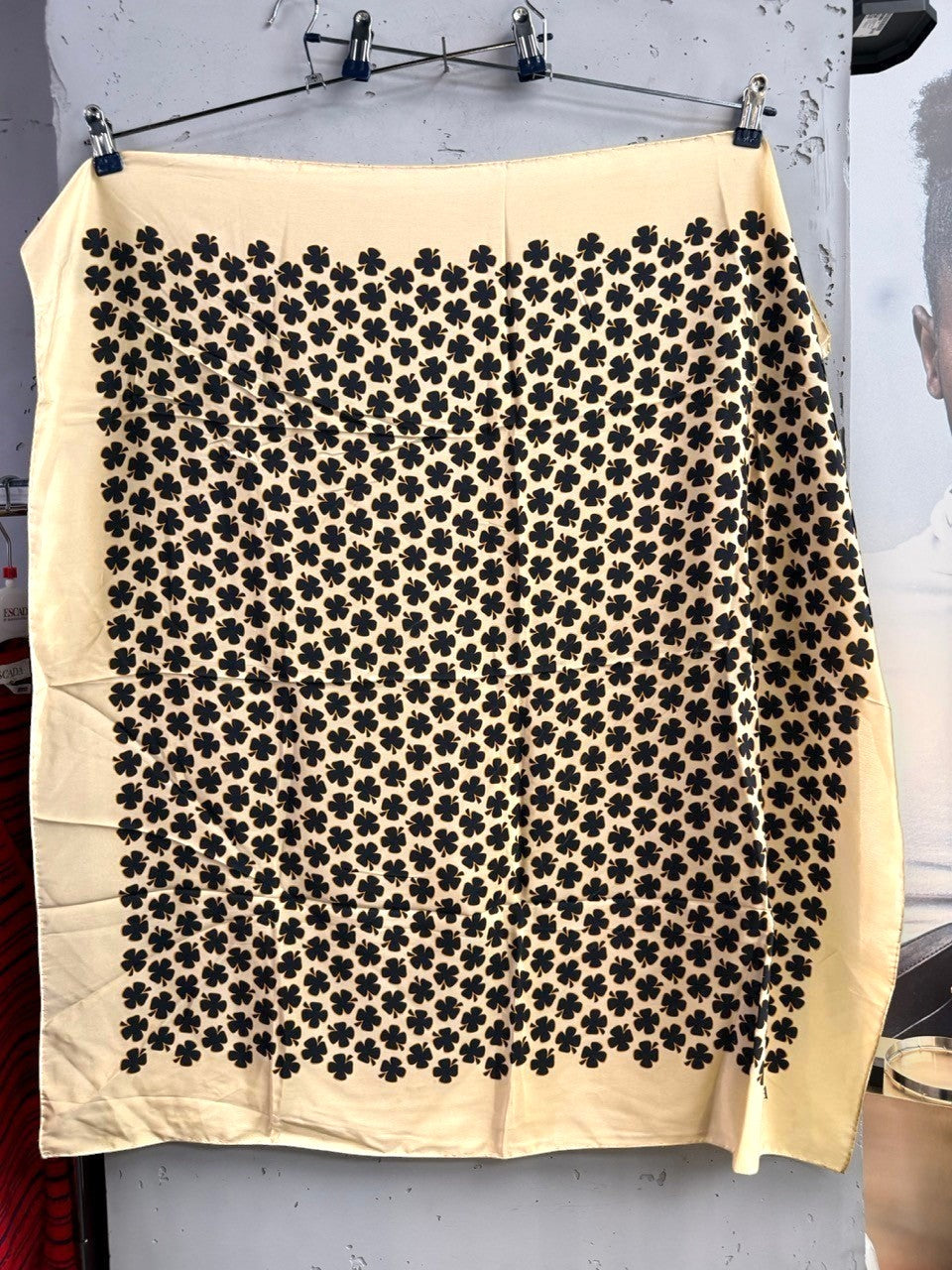 BERLIN VINTAGE CORNER Escada square silk scarf in cream with a repeating black clover print pattern.