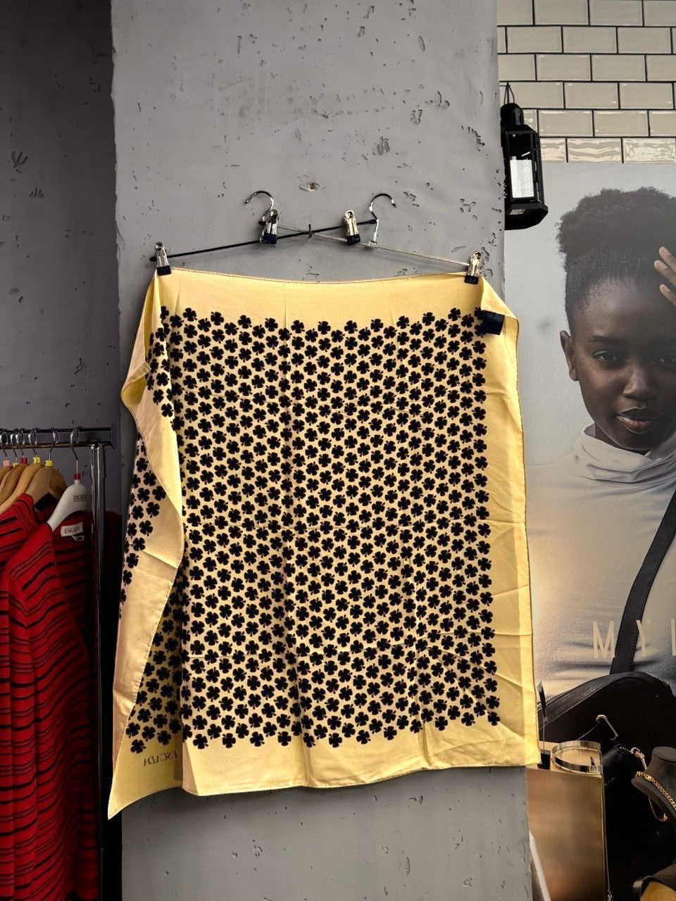 BERLIN VINTAGE CORNER Escada square silk scarf in cream with a repeating black clover print.