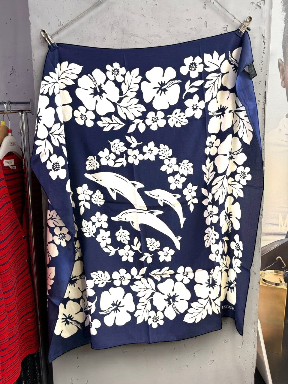 BERLIN VINTAGE CORNER navy blue silk scarf with white floral and dolphin print, made in Italy.