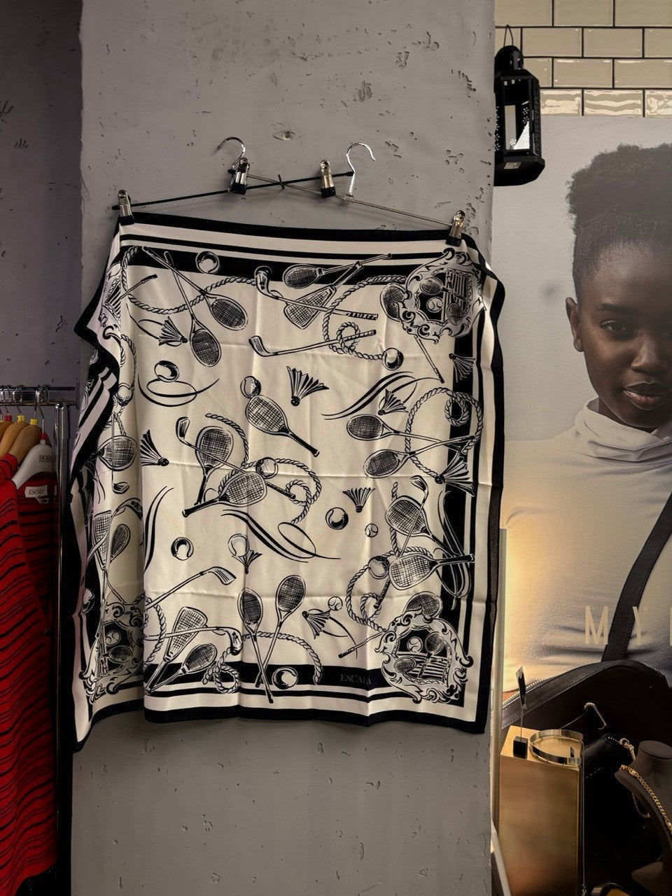 BERLIN VINTAGE CORNER ESCADA silk square scarf with black and white tennis and badminton motif and rope details.