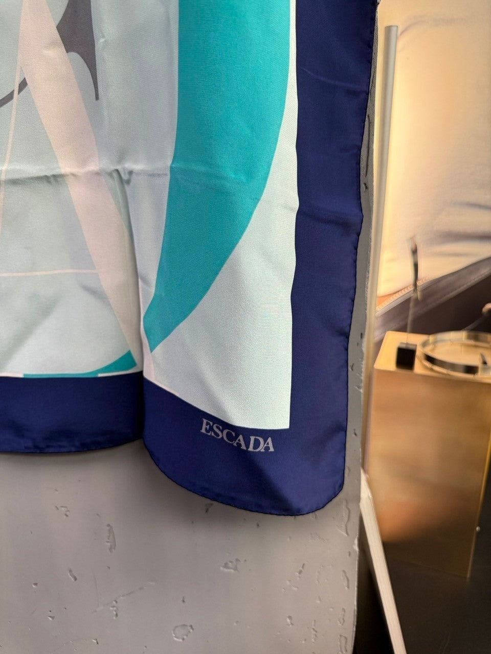 BERLIN VINTAGE CORNER Escada silk square scarf in mint, navy, and neutral tones with a bold graphic logo border.