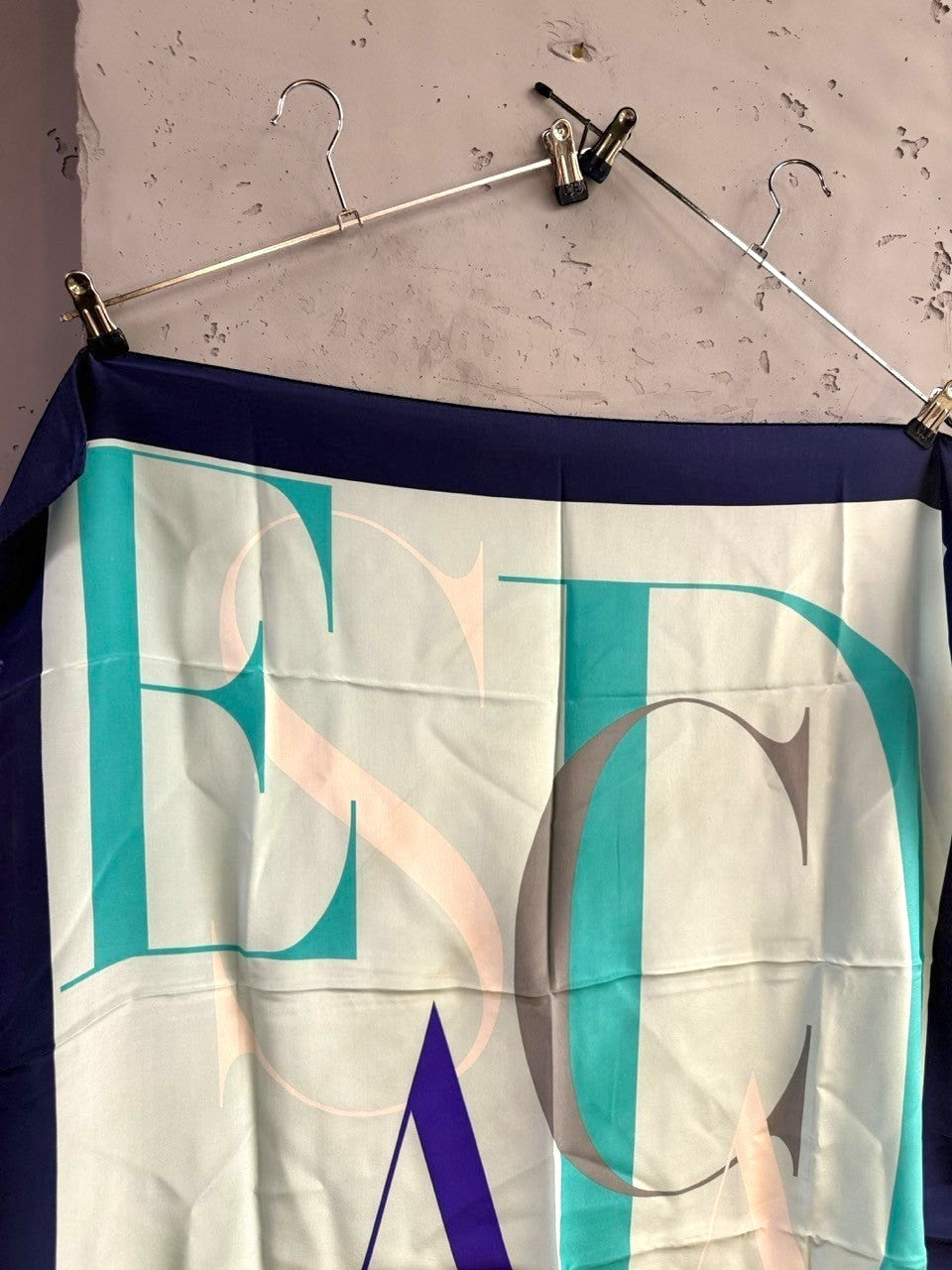 BERLIN VINTAGE CORNER Escada square silk scarf in mint, navy, and neutral with oversized graphic logo print.