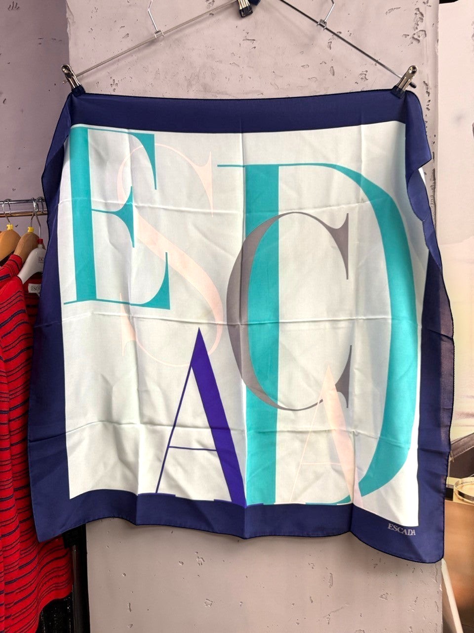 BERLIN VINTAGE CORNER Escada square silk scarf featuring an oversized graphic logo in mint, navy, and neutral tones.