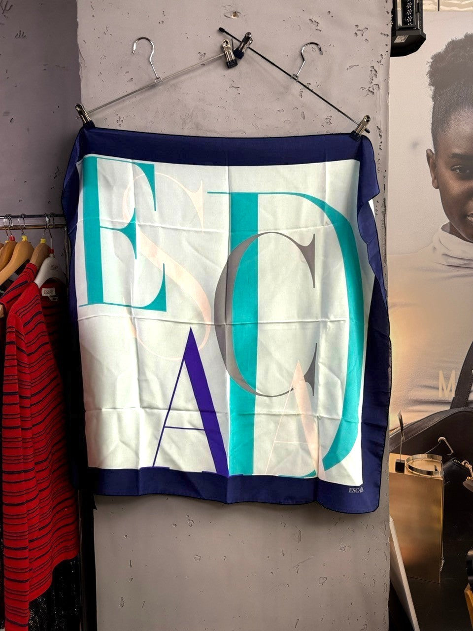 BERLIN VINTAGE CORNER Escada square silk scarf in mint and navy with oversized graphic logo print and navy border.