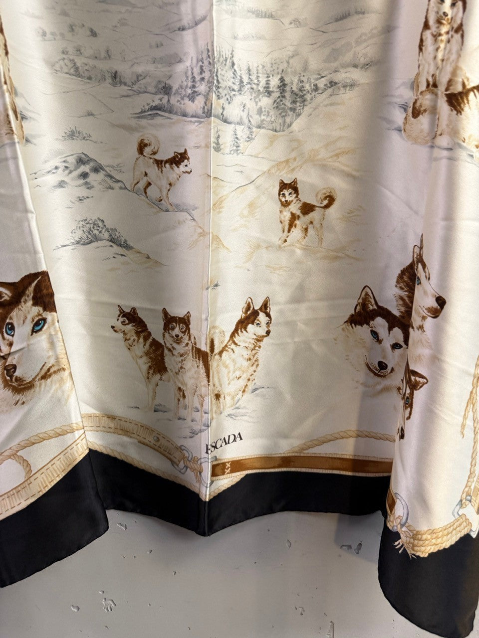 BERLIN VINTAGE CORNER Escada silk scarf featuring a winter husky dog landscape, rope border, and black trim.